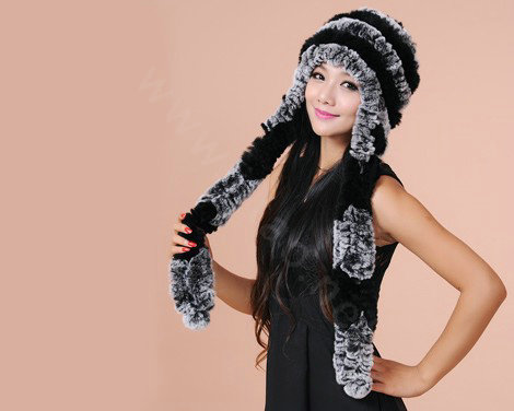 Women Knitted Rex Rabbit Fur Hats Thicker Winter Ear protector Scarf Warm Caps - Black Grey