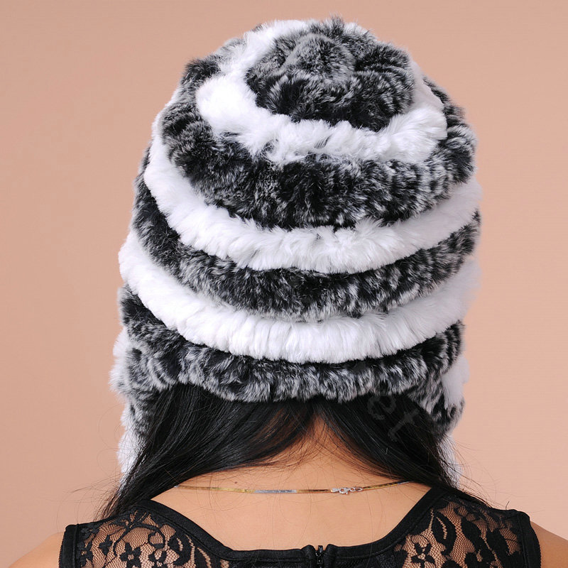 Women Knitted Rex Rabbit Fur Hats Thicker Winter Ear protector Scarf Warm Caps - Black White
