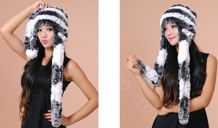 Women Knitted Rex Rabbit Fur Hats Thicker Winter Ear protector Scarf Warm Caps - Black White