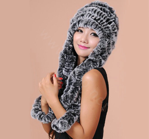 Women Knitted Rex Rabbit Fur Hats Thicker Winter Ear protector Scarf Warm Caps - Black