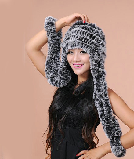 Women Knitted Rex Rabbit Fur Hats Thicker Winter Ear protector Scarf Warm Caps - Black