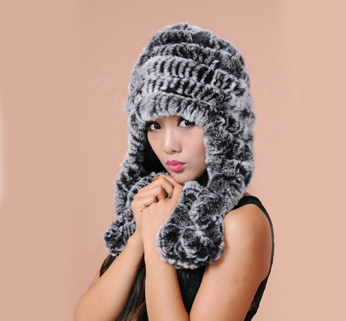 Women Knitted Rex Rabbit Fur Hats Thicker Winter Ear protector Scarf Warm Caps - Black
