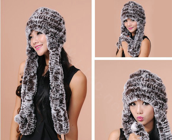 Women Knitted Rex Rabbit Fur Hats Thicker Winter Ear protector Scarf Warm Caps - Brown
