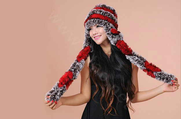 Women Knitted Rex Rabbit Fur Hats Thicker Winter Ear protector Scarf Warm Caps - Red Brown