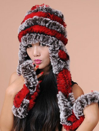 Women Knitted Rex Rabbit Fur Hats Thicker Winter Ear protector Scarf Warm Caps - Red Brown