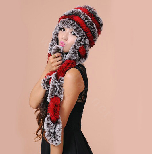 Women Knitted Rex Rabbit Fur Hats Thicker Winter Ear protector Scarf Warm Caps - Red Brown