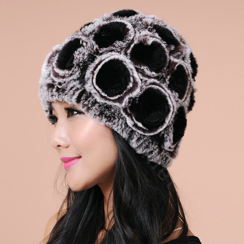 Women Knitted Rex Rabbit Fur Hats Thicker Winter Flower Handmade Warm Caps - Black Brown