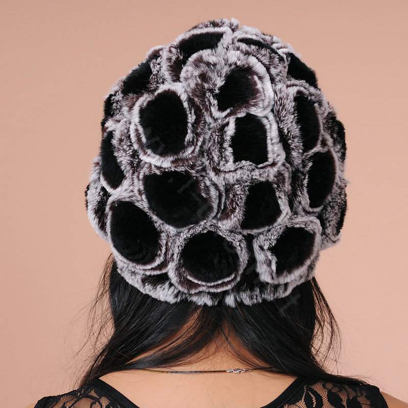 Women Knitted Rex Rabbit Fur Hats Thicker Winter Flower Handmade Warm Caps - Black Brown
