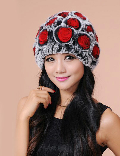 Women Knitted Rex Rabbit Fur Hats Thicker Winter Flower Handmade Warm Caps - Black Red