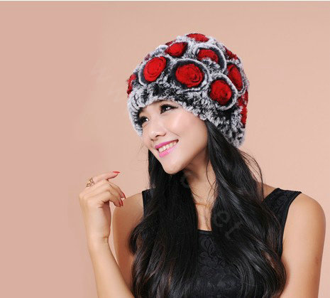 Women Knitted Rex Rabbit Fur Hats Thicker Winter Flower Handmade Warm Caps - Black Red