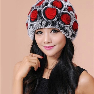 Women Knitted Rex Rabbit Fur Hats Thicker Winter Flower Handmade Warm Caps - Black Red