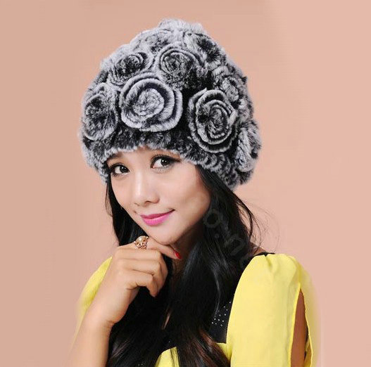 Women Knitted Rex Rabbit Fur Hats Thicker Winter Flower Handmade Warm Caps - Black