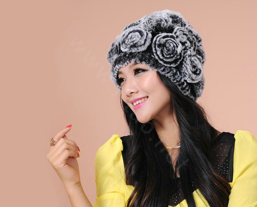 Women Knitted Rex Rabbit Fur Hats Thicker Winter Flower Handmade Warm Caps - Black