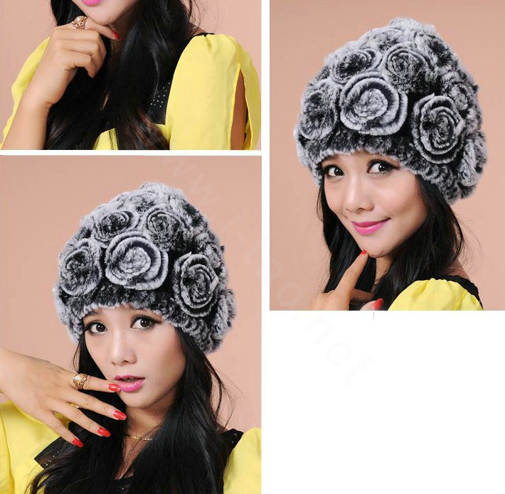 Women Knitted Rex Rabbit Fur Hats Thicker Winter Flower Handmade Warm Caps - Black