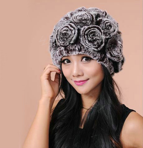 Women Knitted Rex Rabbit Fur Hats Thicker Winter Flower Handmade Warm Caps - Brown