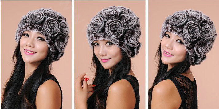 Women Knitted Rex Rabbit Fur Hats Thicker Winter Flower Handmade Warm Caps - Brown
