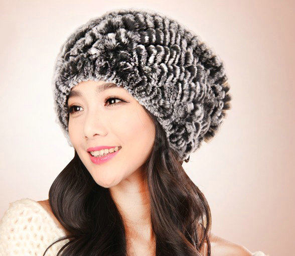 Women Knitted Rex Rabbit Fur Hats Thicker Winter Fur Ball Handmade Warm Caps - Black Grey