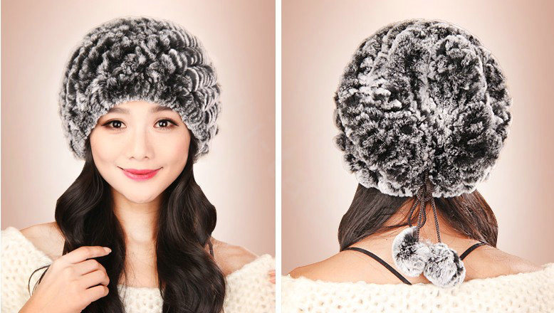 Women Knitted Rex Rabbit Fur Hats Thicker Winter Fur Ball Handmade Warm Caps - Black Grey