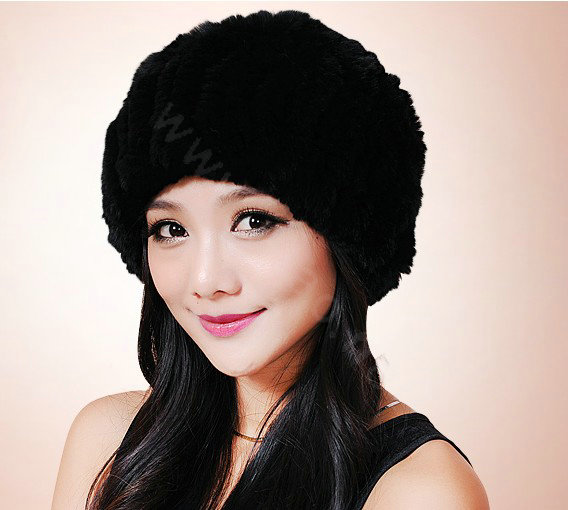 Women Knitted Rex Rabbit Fur Hats Thicker Winter Fur Ball Handmade Warm Caps - Black