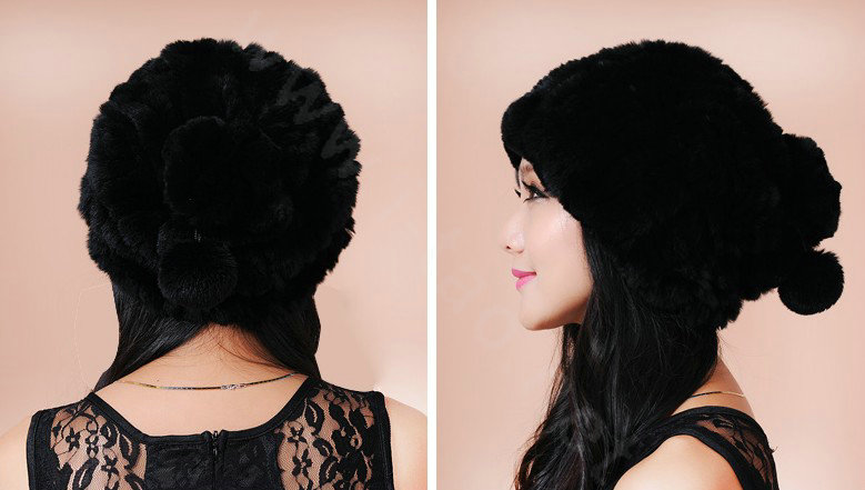 Women Knitted Rex Rabbit Fur Hats Thicker Winter Fur Ball Handmade Warm Caps - Black