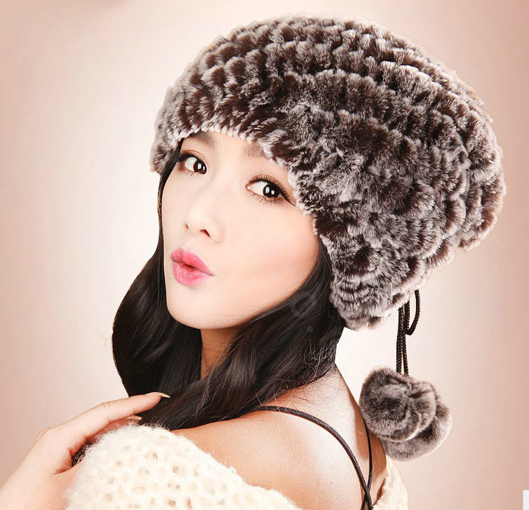 Women Knitted Rex Rabbit Fur Hats Thicker Winter Fur Ball Handmade Warm Caps - Brown