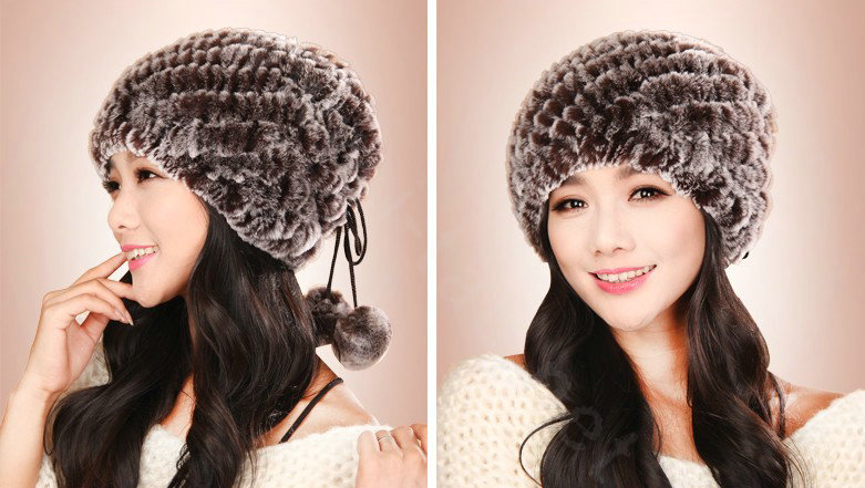 Women Knitted Rex Rabbit Fur Hats Thicker Winter Fur Ball Handmade Warm Caps - Brown