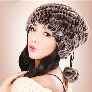 Women Knitted Rex Rabbit Fur Hats Thicker Winter Fur Ball Handmade Warm Caps - Brown