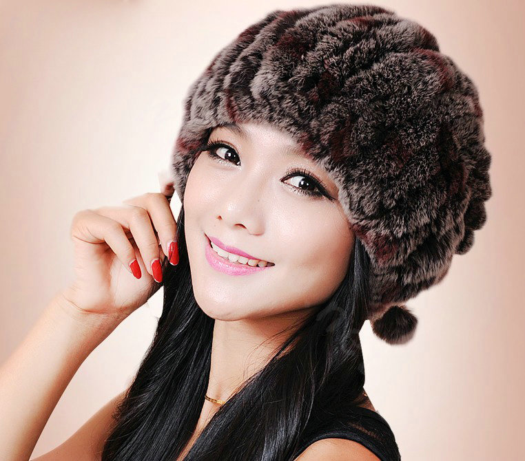 Women Knitted Rex Rabbit Fur Hats Thicker Winter Fur Ball Handmade Warm Caps - Coffee