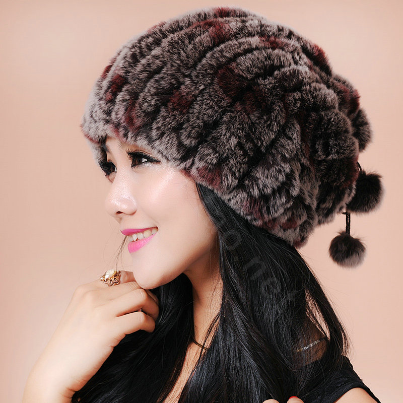 Women Knitted Rex Rabbit Fur Hats Thicker Winter Fur Ball Handmade Warm Caps - Coffee