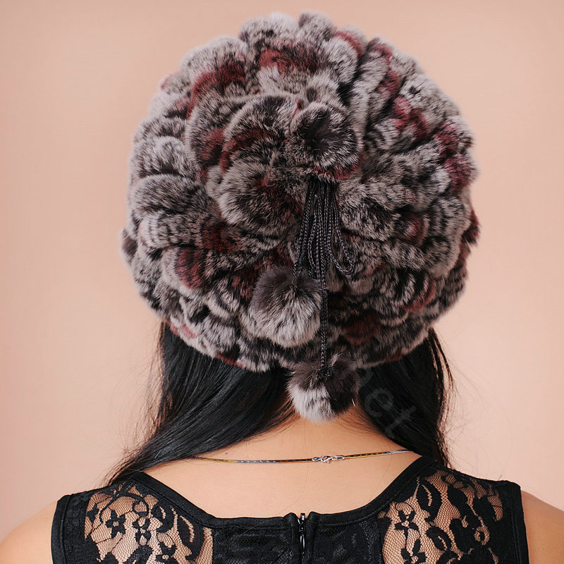 Women Knitted Rex Rabbit Fur Hats Thicker Winter Fur Ball Handmade Warm Caps - Coffee