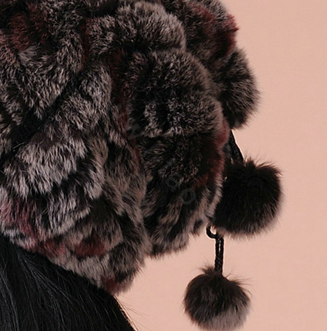 Women Knitted Rex Rabbit Fur Hats Thicker Winter Fur Ball Handmade Warm Caps - Coffee