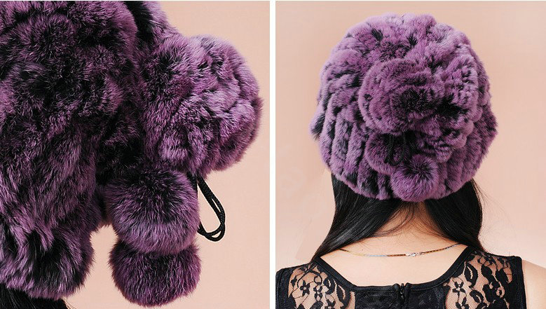 Women Knitted Rex Rabbit Fur Hats Thicker Winter Fur Ball Handmade Warm Caps - Grey Purple
