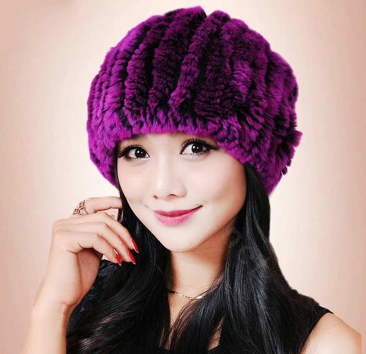 Women Knitted Rex Rabbit Fur Hats Thicker Winter Fur Ball Handmade Warm Caps - Purple