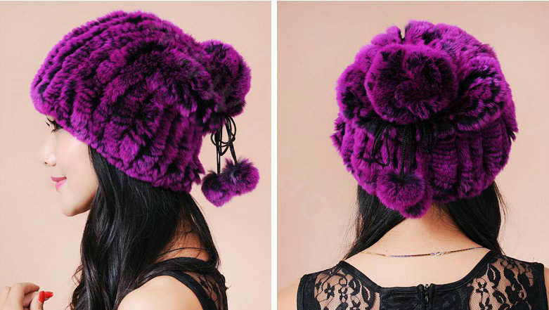 Women Knitted Rex Rabbit Fur Hats Thicker Winter Fur Ball Handmade Warm Caps - Purple