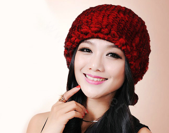 Women Knitted Rex Rabbit Fur Hats Thicker Winter Fur Ball Handmade Warm Caps - Red
