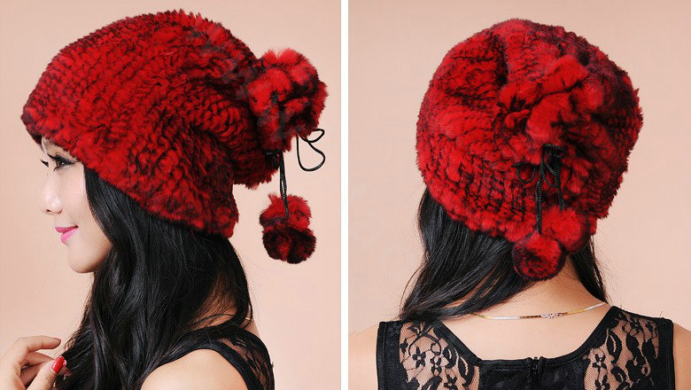 Women Knitted Rex Rabbit Fur Hats Thicker Winter Fur Ball Handmade Warm Caps - Red