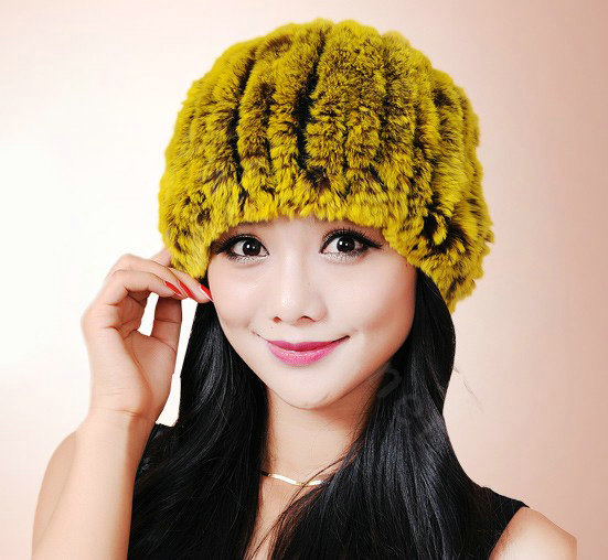 Women Knitted Rex Rabbit Fur Hats Thicker Winter Fur Ball Handmade Warm Caps - Yellow