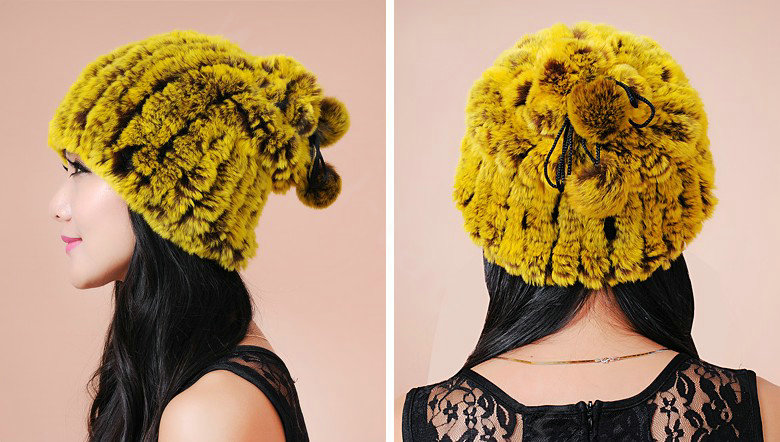 Women Knitted Rex Rabbit Fur Hats Thicker Winter Fur Ball Handmade Warm Caps - Yellow