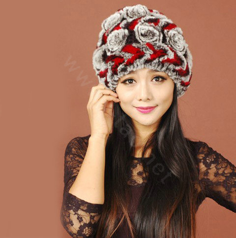 Women Knitted Rex Rabbit Fur Hats Thicker Winter Handmade Flower Warm Caps - Black Red