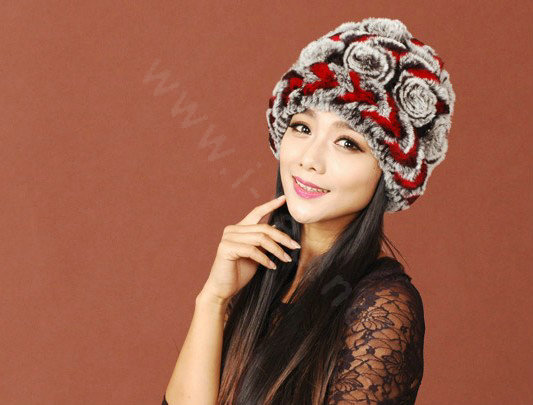 Women Knitted Rex Rabbit Fur Hats Thicker Winter Handmade Flower Warm Caps - Black Red