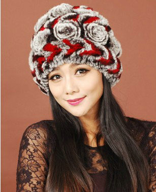 Women Knitted Rex Rabbit Fur Hats Thicker Winter Handmade Flower Warm Caps - Black Red