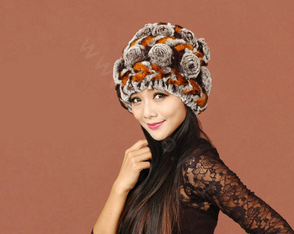 Women Knitted Rex Rabbit Fur Hats Thicker Winter Handmade Flower Warm Caps - Coffee Orange