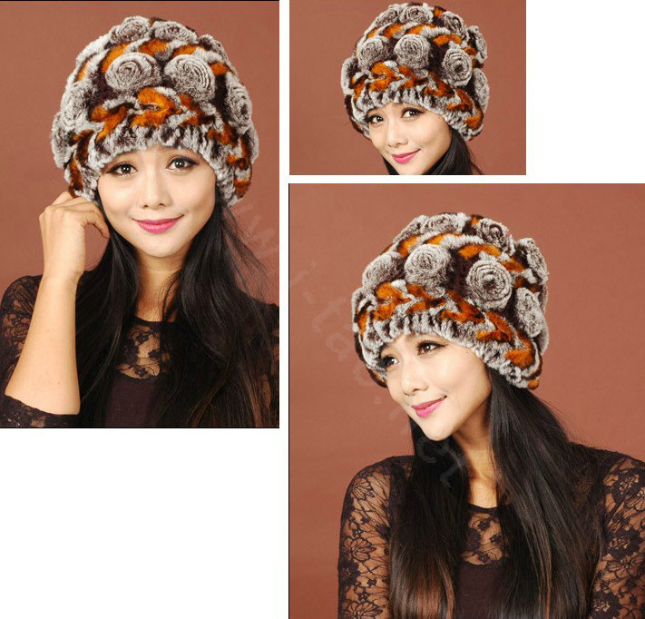Women Knitted Rex Rabbit Fur Hats Thicker Winter Handmade Flower Warm Caps - Coffee Orange