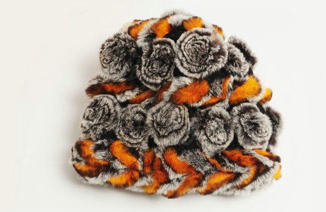Women Knitted Rex Rabbit Fur Hats Thicker Winter Handmade Flower Warm Caps - Coffee Orange
