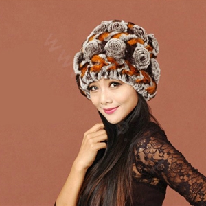 Women Knitted Rex Rabbit Fur Hats Thicker Winter Handmade Flower Warm Caps - Coffee Orange