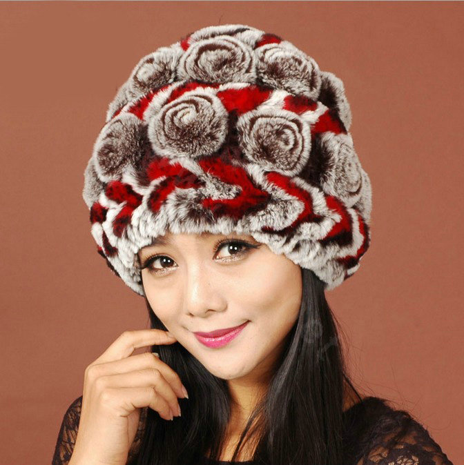 Women Knitted Rex Rabbit Fur Hats Thicker Winter Handmade Flower Warm Caps - Coffee Red