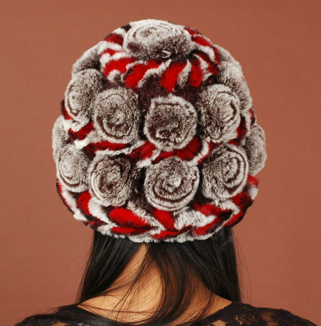 Women Knitted Rex Rabbit Fur Hats Thicker Winter Handmade Flower Warm Caps - Coffee Red