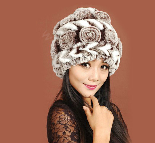Women Knitted Rex Rabbit Fur Hats Thicker Winter Handmade Flower Warm Caps - Coffee White