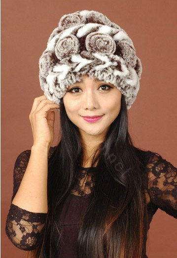 Women Knitted Rex Rabbit Fur Hats Thicker Winter Handmade Flower Warm Caps - Coffee White