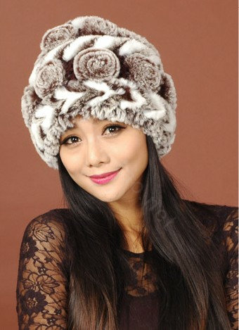 Women Knitted Rex Rabbit Fur Hats Thicker Winter Handmade Flower Warm Caps - Coffee White